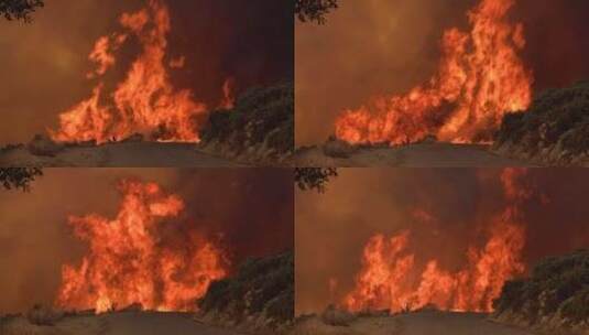 山林道路上燃起大火高清在线视频素材下载