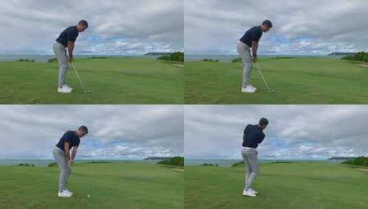 海边高尔夫球场运动挥杆击球瞬间高清在线视频素材下载