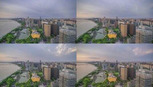 杭州滨江城区现代建筑和上空的云彩延时航拍高清在线视频素材下载