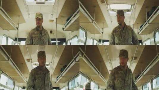 士兵乘坐公共巴士高清在线视频素材下载