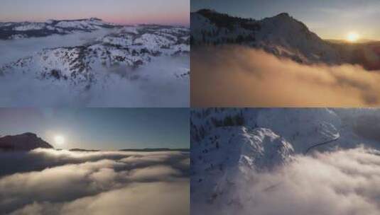 航拍冬季森林雪景雪山日出云雾云海高清在线视频素材下载