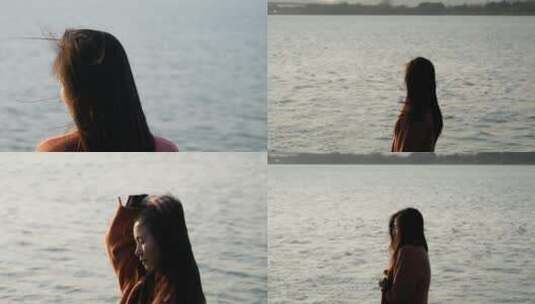 女孩在江边吹风伤感情绪4k视频素材高清在线视频素材下载