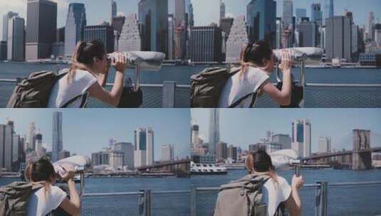 女孩用观景镜看纽约曼哈顿城市景观高清在线视频素材下载