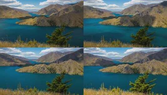蓝天白云下美丽的山河湖泊高清在线视频素材下载