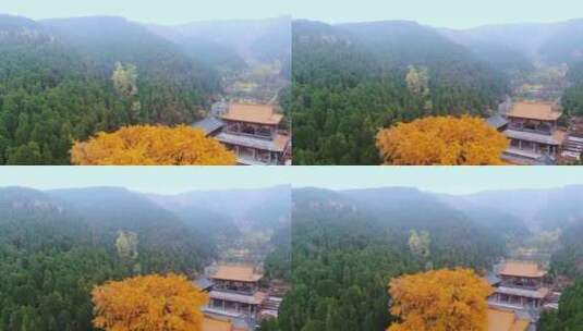 山东济南淌豆寺秋天航拍寺庙高清在线视频素材下载