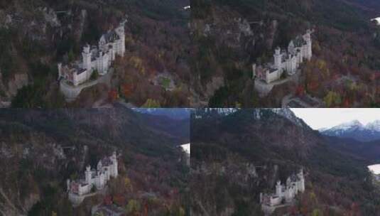 巴伐利亚阿尔卑斯山山麓的大新天鹅堡，空中高清在线视频素材下载
