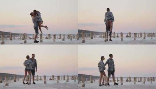 情侣在海滩上拥抱接吻高清在线视频素材下载