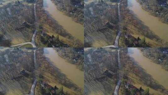 美国街区溢出的河流关闭街道和道路的俯视图高清在线视频素材下载