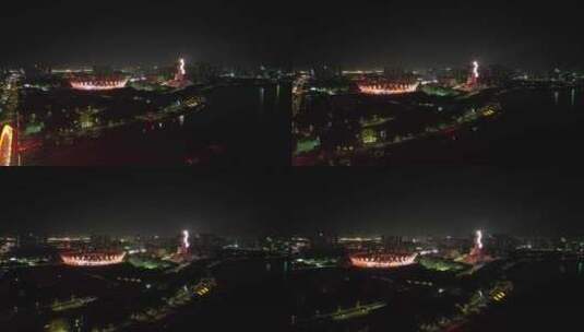 广东佛山世纪莲地标建筑夜景灯光航拍高清在线视频素材下载