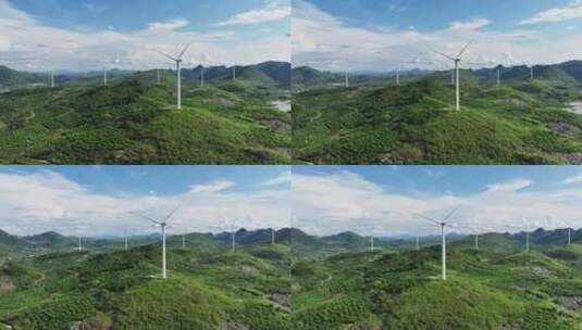 航拍蓝天白云青山绿水清洁能源风力发电高清在线视频素材下载