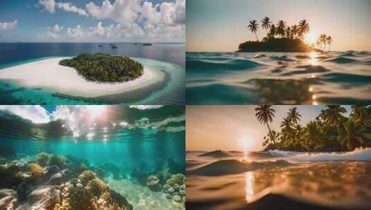 夏日海岛风景海浪沙滩夕阳唯美珊瑚椰树日落高清在线视频素材下载