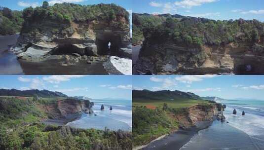 空中拍摄上升到象岩海浪撞击海岸线悬崖，4高清在线视频素材下载