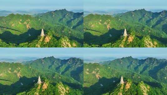 航拍千山绿色山林和大佛寺塔高清在线视频素材下载