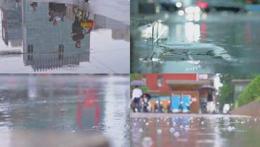 雨天街道行人与雨滴特写高清在线视频素材下载