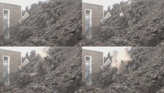 熔岩从佛得角火山流出掩埋房屋高清在线视频素材下载