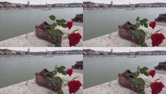 多瑙河岸上插着玫瑰花的鞋子高清在线视频素材下载