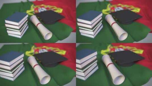 葡萄牙国旗上的毕业帽和文凭高清在线视频素材下载