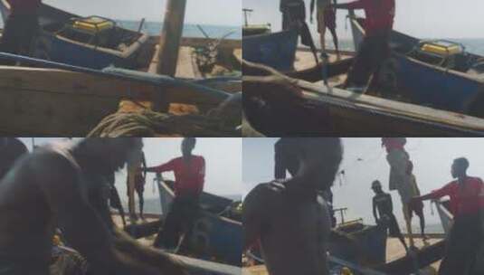 渔民在船上拉绳索欢呼高清在线视频素材下载