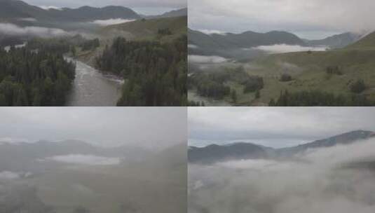 新疆禾木航拍穿云层河流高清在线视频素材下载