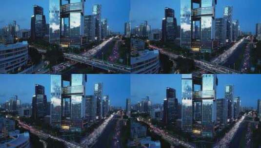 深圳腾讯滨海大厦蓝调夜景航拍车流高清在线视频素材下载
