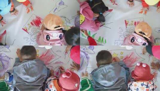 孩子们趴在地上分工集体画画绘画上色涂鸦高清在线视频素材下载