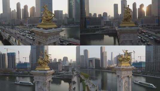 0063高清4k航拍天津海河北安桥雕塑夕阳建筑高清在线视频素材下载