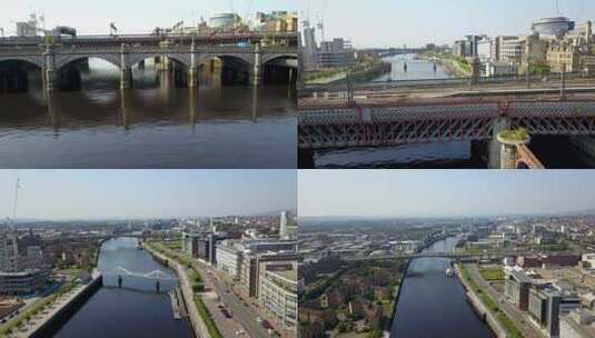 无人机飞过克莱德河上的桥梁高清在线视频素材下载