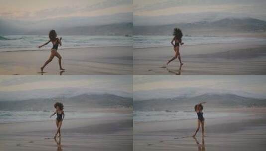 傍晚女人在沙滩上奔跑高清在线视频素材下载