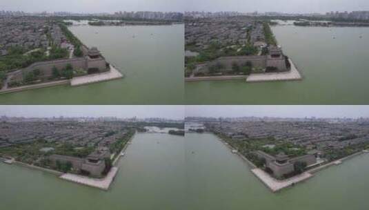 山东聊城中国水上古城古城墙角楼航拍高清在线视频素材下载