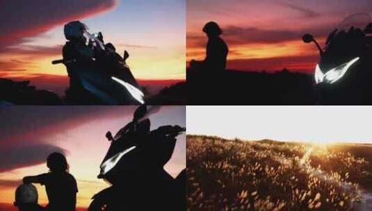 骑摩托车到山顶欣赏壮观的晚霞高清在线视频素材下载