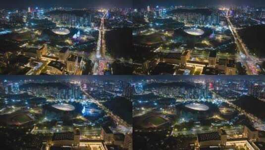 深圳龙岗区大运中心体育馆夜景航拍高清在线视频素材下载
