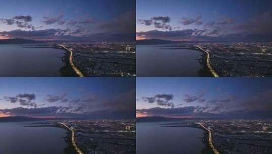 黄昏时的城市湖泊和车流高清在线视频素材下载