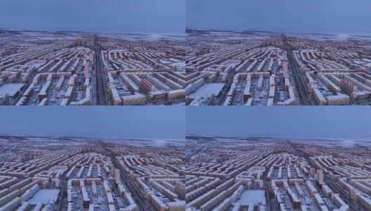 牙克石航拍冬天城市雪景日出高清在线视频素材下载