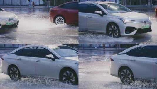升格汽车行驶过积水的道路高清在线视频素材下载
