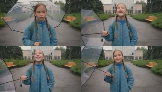 快乐的小女孩撑着雨伞倾盆大雨看着天空湿漉高清在线视频素材下载