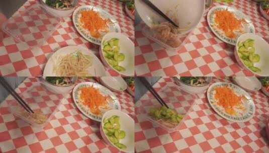 饭盒打包石锅拌饭食材各种蔬菜装饭盒高清在线视频素材下载