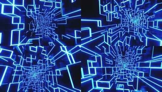 蓝色光线方块隧道背景高清在线视频素材下载