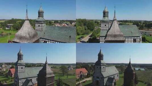 晴天空中循环的钟楼屋顶和旧的半木结构教堂高清在线视频素材下载