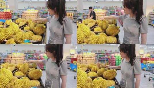 亚洲年轻女子超市购物选购榴莲高清在线视频素材下载