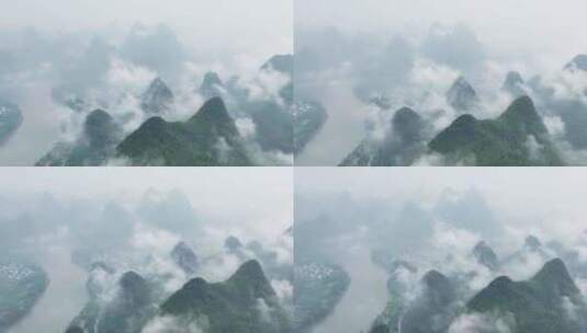 航拍广西桂林烟雨漓江水墨画高清在线视频素材下载