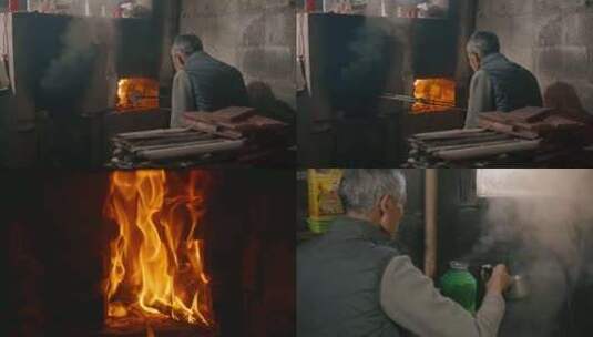 【合集】农村老人厨房灶台柴火烧水高清在线视频素材下载
