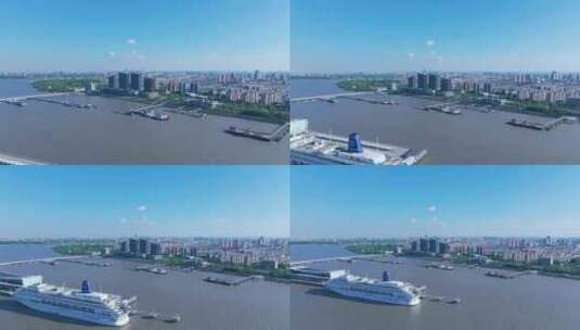航拍上海市宝山区吴淞口港口码头邮轮高清在线视频素材下载