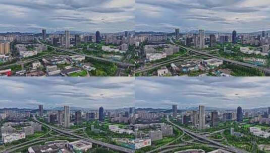 2024杭州滨江区蓝天白云航拍高清在线视频素材下载