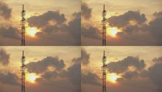 日落与电力输电线路塔高清在线视频素材下载