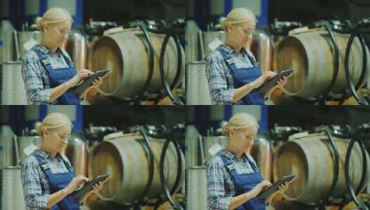 女工人在酿酒厂使用平板电脑高清在线视频素材下载