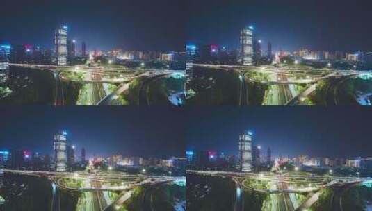 航拍夜晚杭州滨江时代大道高架中兴立交夜景高清在线视频素材下载