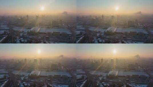 4K哈尔滨火车站航拍日出延时摄影高清在线视频素材下载