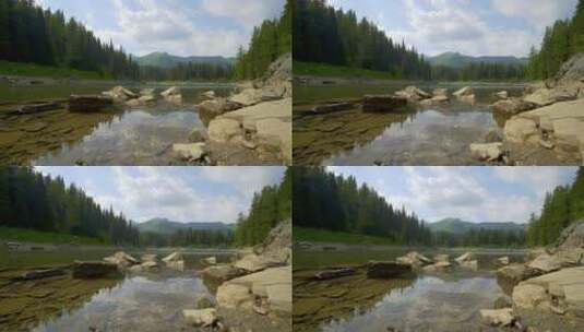 森林景观中清澈的湖泊和多岩石的海岸高清在线视频素材下载