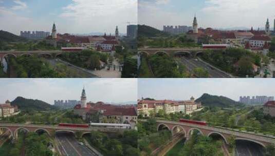 华为欧洲小镇小火车航拍高清在线视频素材下载