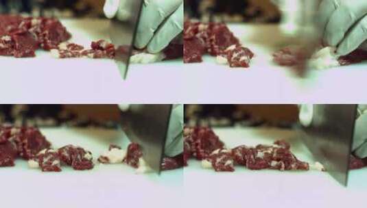 肉铺肉店手切雪花大理石纹牛肉片高清在线视频素材下载